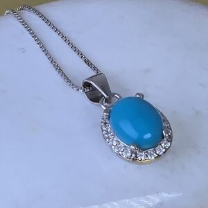 925 Sterling Silver Necklace 17" with Natural Turquoise 6x8mm Gem & CZ